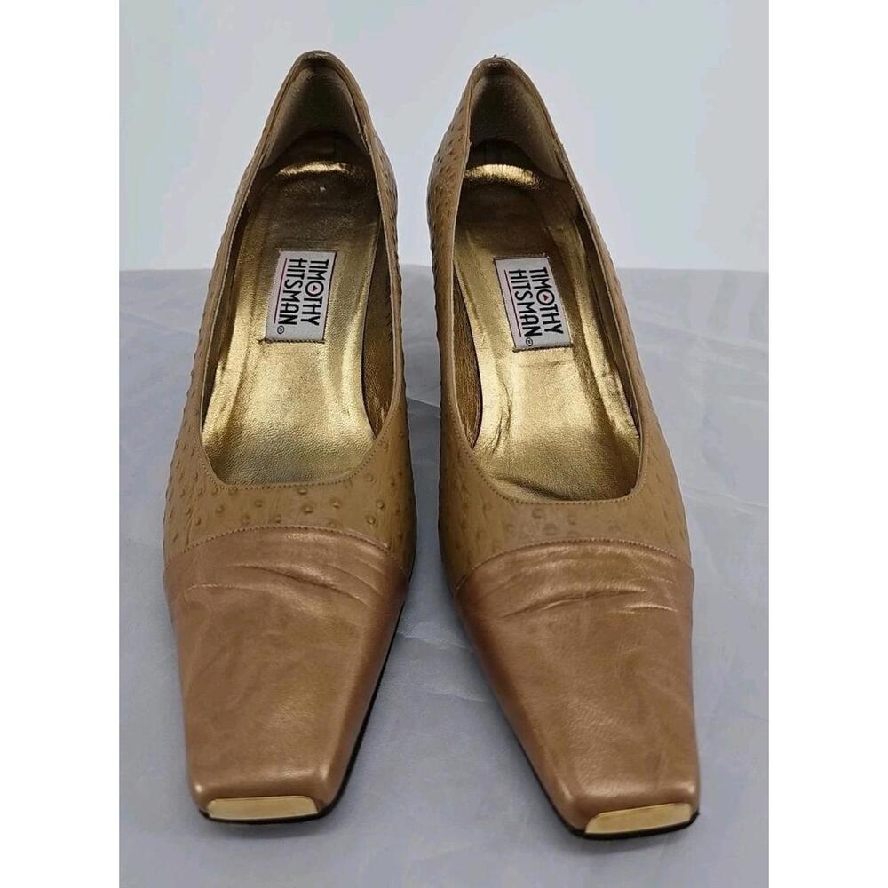 Vintage Timothy Hitsman Heels 11M Tan Gold‎ Leather Square Toe